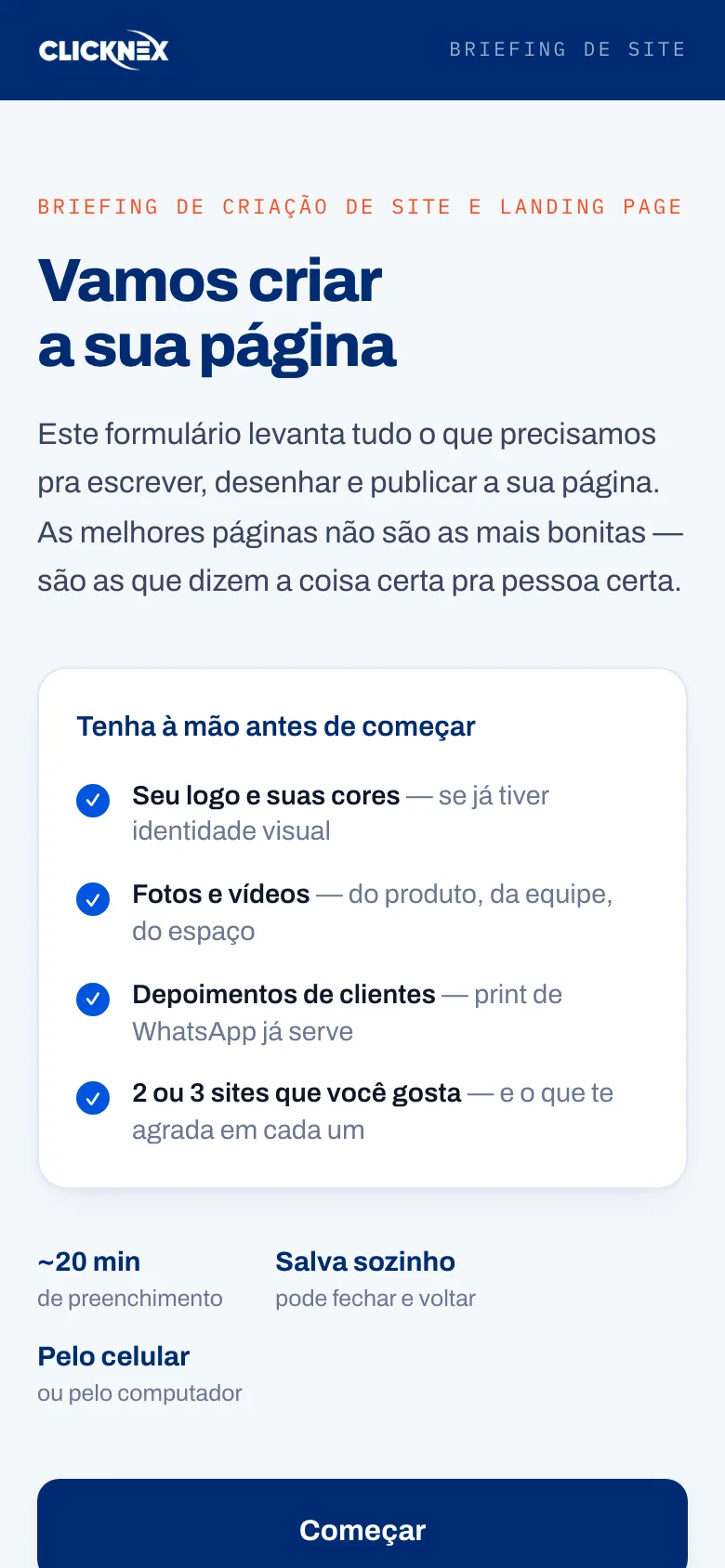 Briefing da ClickNex — formulário aberto no celular