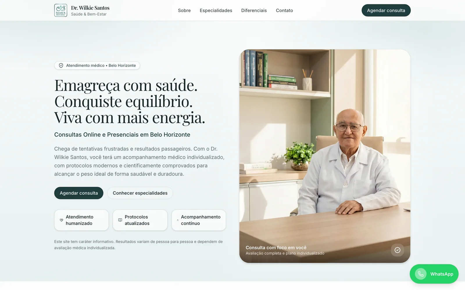 Site do Dr. Wilkie Santos — Saúde e Bem-Estar BH, página inicial no desktop.