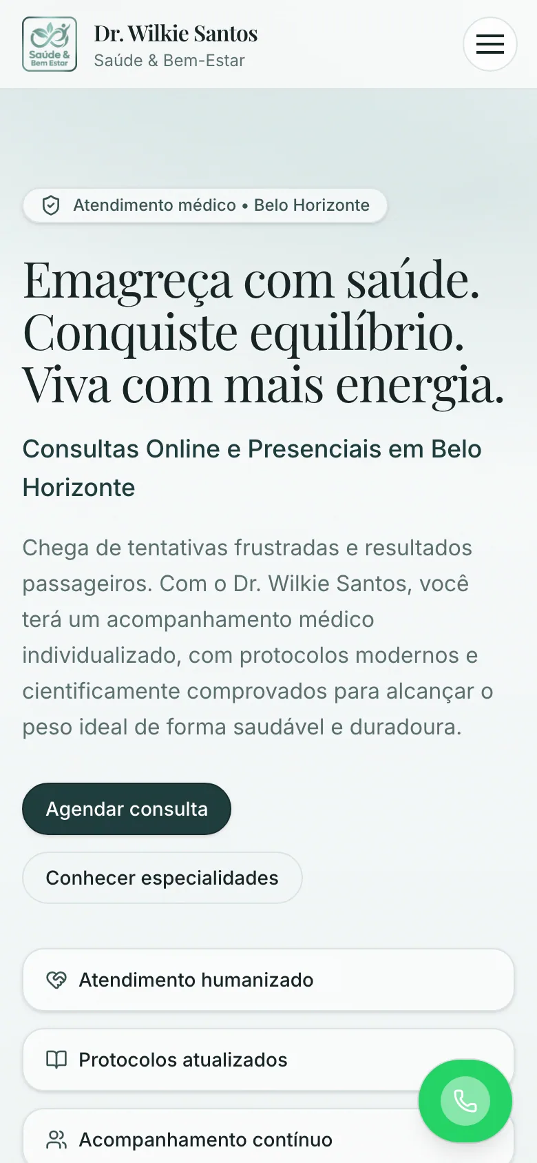 Site da Dr. Wilkie Santos — página inicial no celular